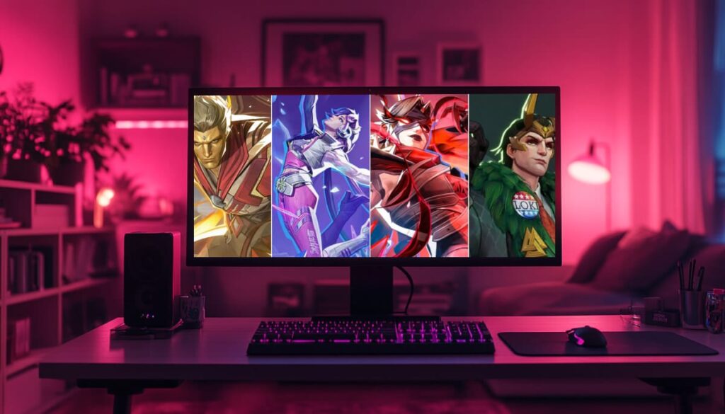 Gaming setup in a dimly lit room with a monitor displaying vibrant futuristic character art