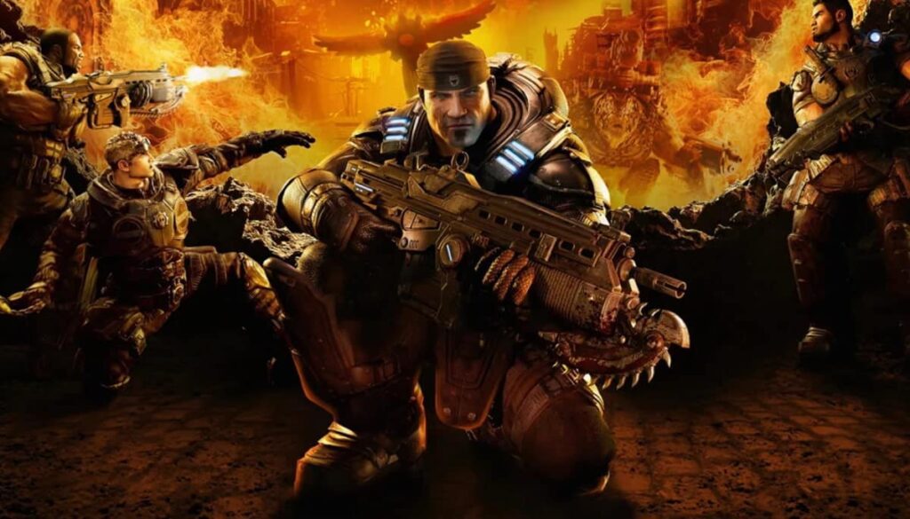 Dynamic scene from a futuristic action video game, featuring heavily armored soldiers with large weapons against a fiery backdrop.
