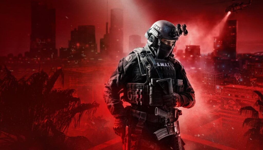 SWAT officer in tactical gear stands in a red-hued cityscape, evoking high-stakes gaming action.
