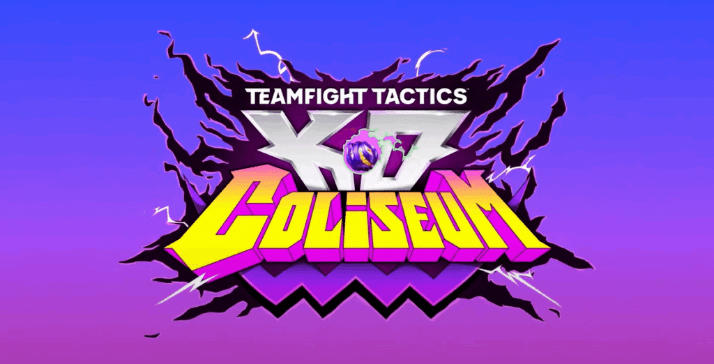 Teamfight Tactics KD7 Coliseum logo with a vibrant purple and pink gradient background.