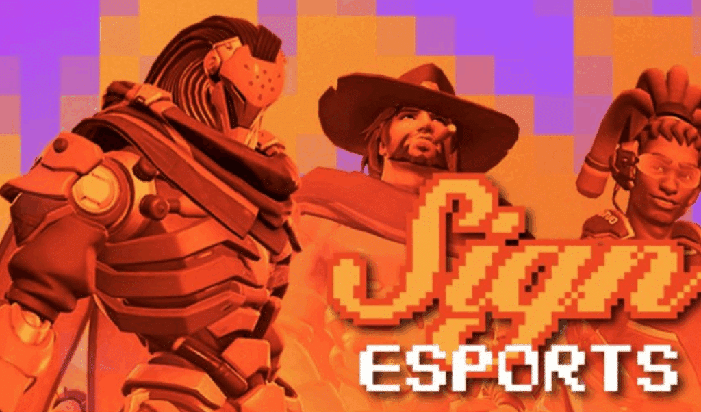 Stylized orange illustration of futuristic gaming characters with 'Sign Esports' text