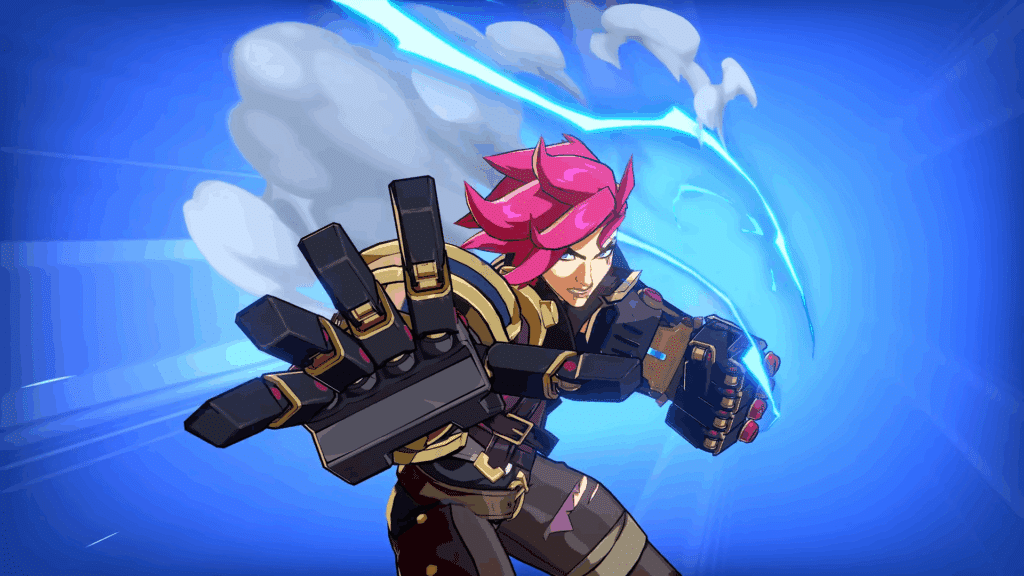 Dynamic anime character with pink hair launching an electric attack.