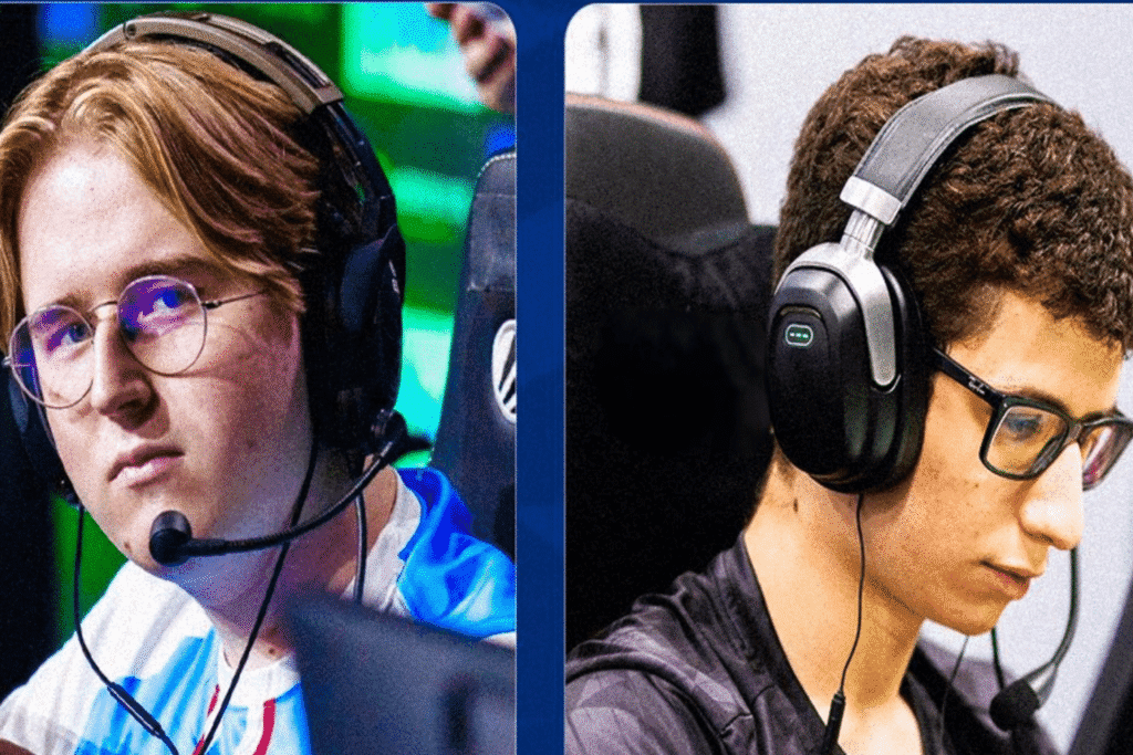 Two esports gamers wearing headsets intensely focused during a Counter-Strike match.